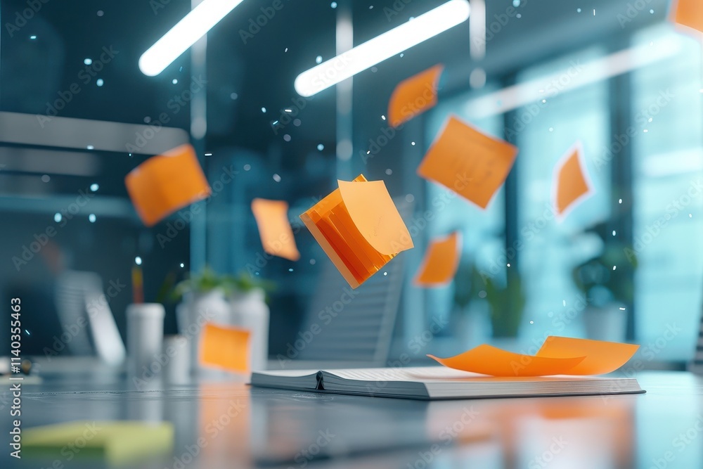Poster a dynamic scene of floating sticky notes above an open notebook in a modern office, symbolizing crea
