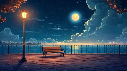 A bench on the seaside promenade, brick floor with streetlights, a cartoon-style night sky, moonlight shining in the distance
