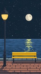 A bench on the seaside promenade, brick floor with streetlights, a cartoon-style night sky, moonlight shining in the distance