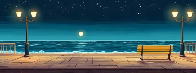 A bench on the seaside promenade, brick floor with streetlights, a cartoon-style night sky, moonlight shining in the distance