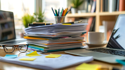 A cluttered academic desk showcases a stack of organized papers, two laptops, stationery items, and a cup, indicating a busy study or work session in progress
