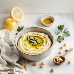 Creamy Chickpea Hummus with Lemon, Pumpkin Seeds, and Olive Oil in Ceramic Bowl