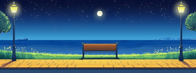 A bench on the seaside promenade, brick floor with streetlights, a cartoon-style night sky, moonlight shining in the distance