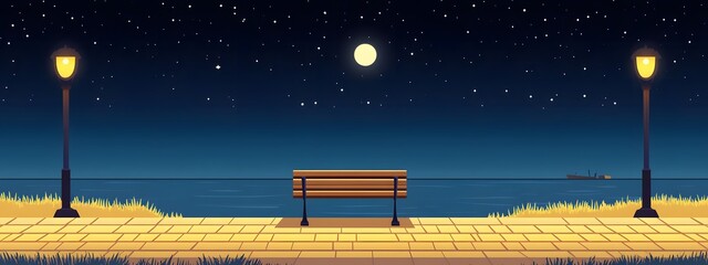 A bench on the seaside promenade, brick floor with streetlights, a cartoon-style night sky, moonlight shining in the distance