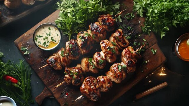 A platter of kebabs, marinated and grilled to perfection, served with a side of garlic sauce and fresh herbs. Ramadan food