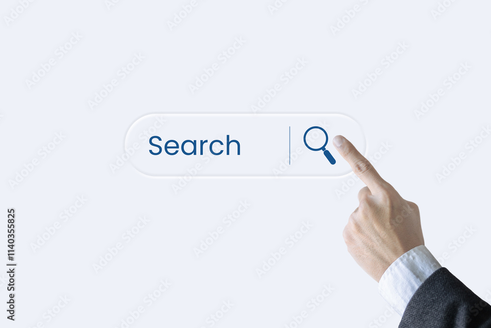 Poster a hand pointing to a search button. the button is blue and white. the button is located on a white b