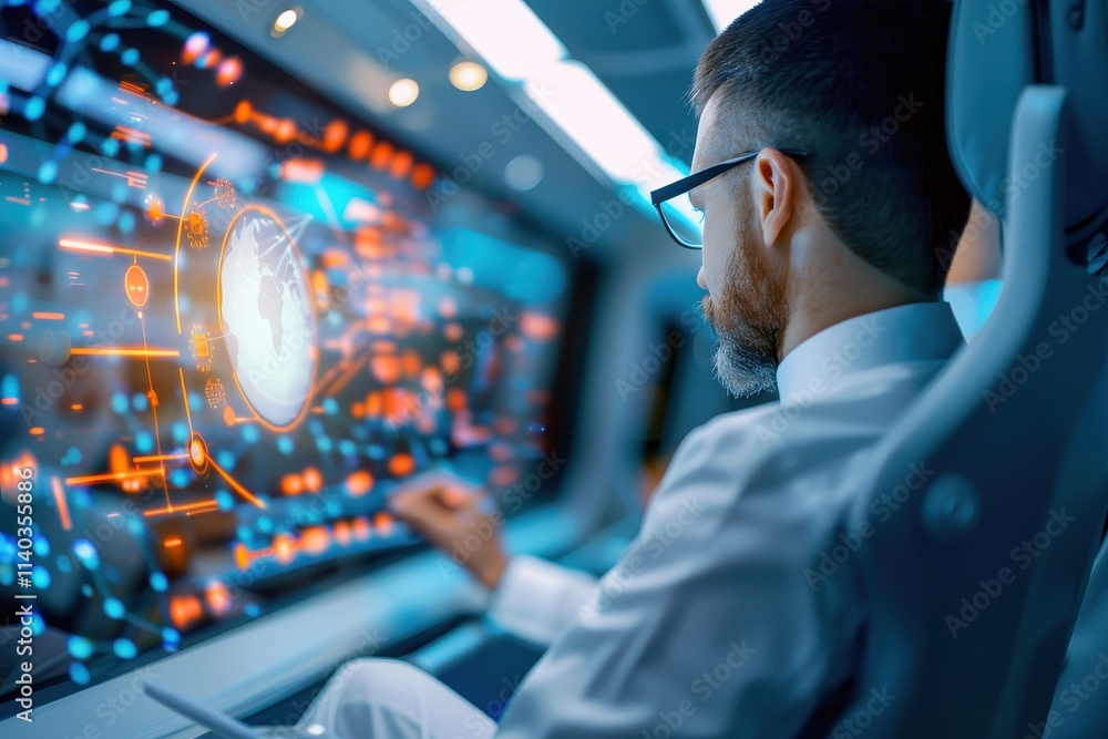 Poster a focused individual interacts with a futuristic digital interface, showcasing advanced technology a