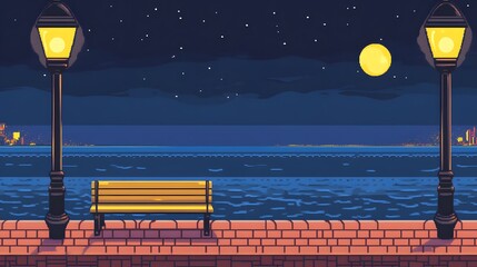A bench on the seaside promenade, brick floor with streetlights, a cartoon-style night sky, moonlight shining in the distance