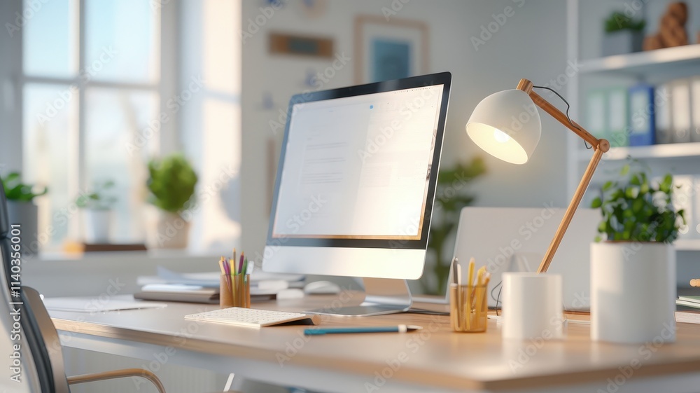 Aufkleber a modern workspace featuring a computer, desk lamp, and plants, creating a bright and inviting atmos