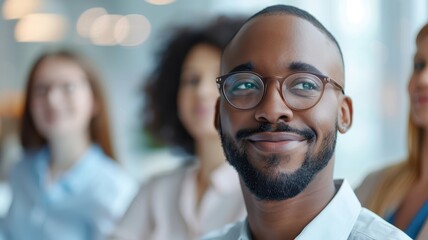 A smiling man with glasses stands in front of a diverse group, embodying confidence and engagement in a professional setting.