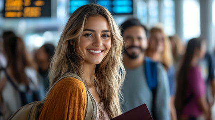 A group of cheerful Latino travelers at the airport eagerly anticipating their flight, showcasing smiles and a sense of adventure as they prepare to embark on a journey