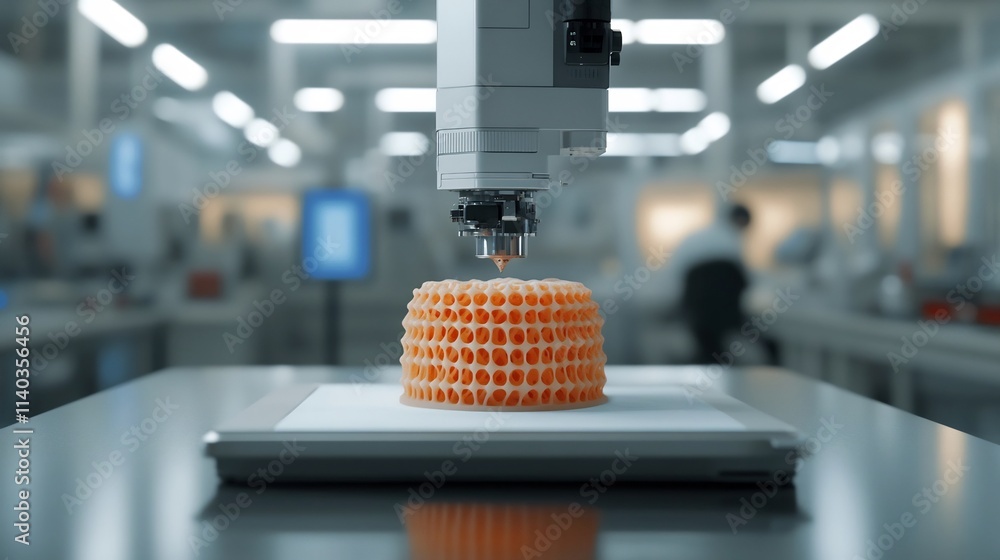 Poster 3d printer crafting intricate model in high-tech laboratory setting