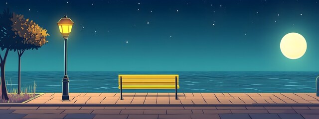 A bench on the seaside promenade, brick floor with streetlights, a cartoon-style night sky, moonlight shining in the distance