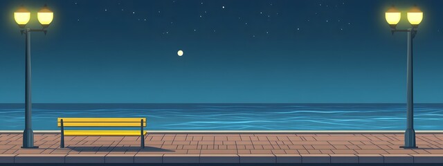 A bench on the seaside promenade, brick floor with streetlights, a cartoon-style night sky, moonlight shining in the distance