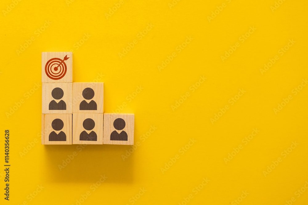 Poster wooden blocks with human icons stacked like steps leading to a block with a target symbol, represent