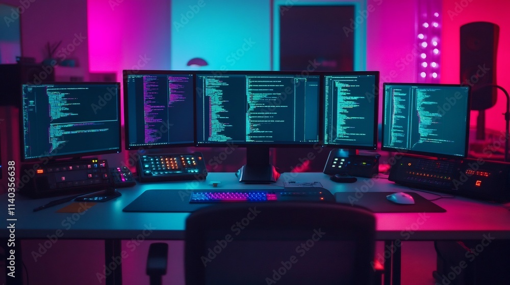 Poster cutting-edge workspace with dual monitors and coding equipment,symbolizing tech innovation