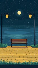 A bench on the seaside promenade, brick floor with streetlights, a cartoon-style night sky, moonlight shining in the distance