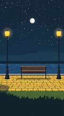 A bench on the seaside promenade, brick floor with streetlights, a cartoon-style night sky, moonlight shining in the distance