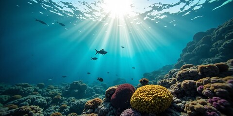 Obraz premium An Underwater scene of a Coral Reef with Fish and Sunlight ray. 