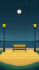 A bench on the seaside promenade, brick floor with streetlights, a cartoon-style night sky, moonlight shining in the distance
