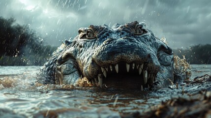 Large crocodile emerges from murky water during a rainstorm in a lush natural habitat