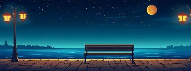 A bench on the seaside promenade, brick floor with streetlights, a cartoon-style night sky, moonlight shining in the distance