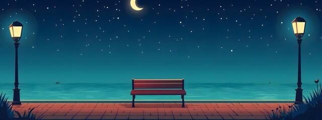 A bench on the seaside promenade, brick floor with streetlights, a cartoon-style night sky, moonlight shining in the distance