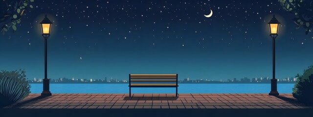 A bench on the seaside promenade, brick floor with streetlights, a cartoon-style night sky, moonlight shining in the distance