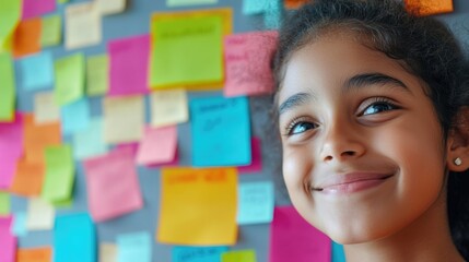 Young girl smiles beside colorful sticky notes on a wall during an engaging creative activity in a bright classroom