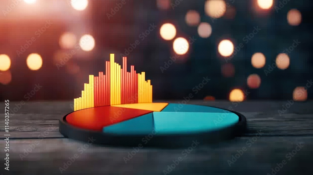 Poster a colorful pie chart with a bar graph overlay, set against a blurred background of glowing lights, s