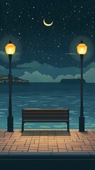A bench on the seaside promenade, brick floor with streetlights, a cartoon-style night sky, moonlight shining in the distance