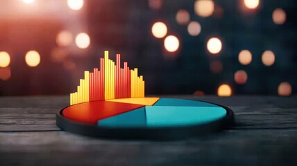 A colorful pie chart with a bar graph overlay, set against a blurred background of glowing lights, symbolizes data visualization and analytics.