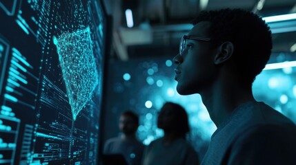 Young professional engages with digital data display in a modern tech workspace during evening hours