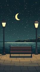 A bench on the seaside promenade, brick floor with streetlights, a cartoon-style night sky, moonlight shining in the distance