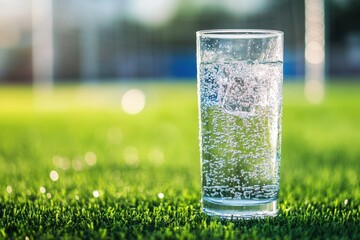 Sports drink on blurred soccer field with green turf - Powered by Adobe