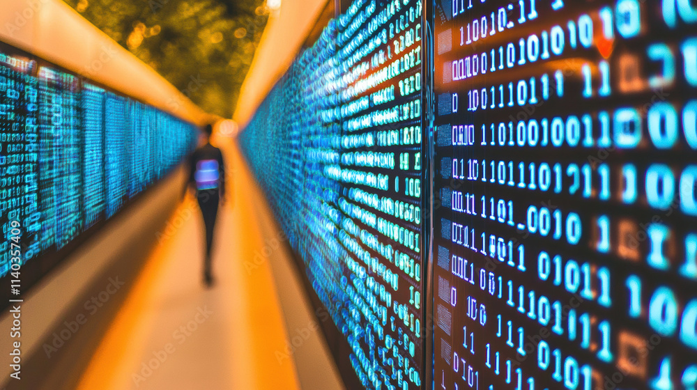 Poster futuristic corridor with glowing binary code on walls, creating tech atmosphere
