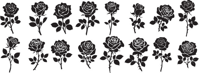 Elegant Black and White Rose Silhouettes for Design vector set