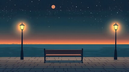 A bench on the seaside promenade, brick floor with streetlights, a cartoon-style night sky, moonlight shining in the distance