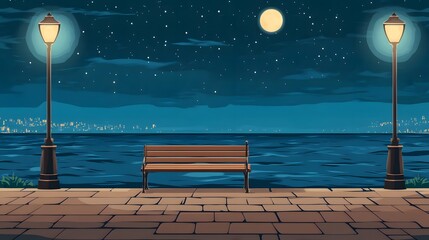 A bench on the seaside promenade, brick floor with streetlights, a cartoon-style night sky, moonlight shining in the distance