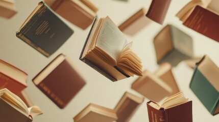 Many different books in air on dark beige background