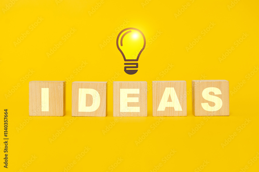 Poster a yellow background with a light bulb on it and the word ideas written in blocks. the blocks are arr