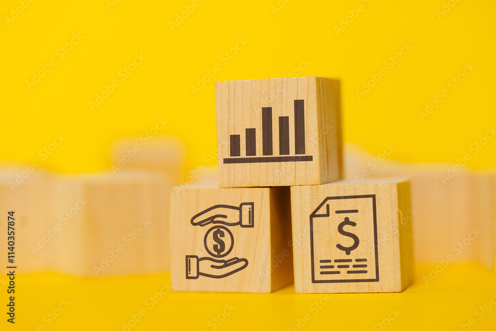 Poster three wooden blocks with dollar signs and graphs on them. the blocks are stacked on top of each othe