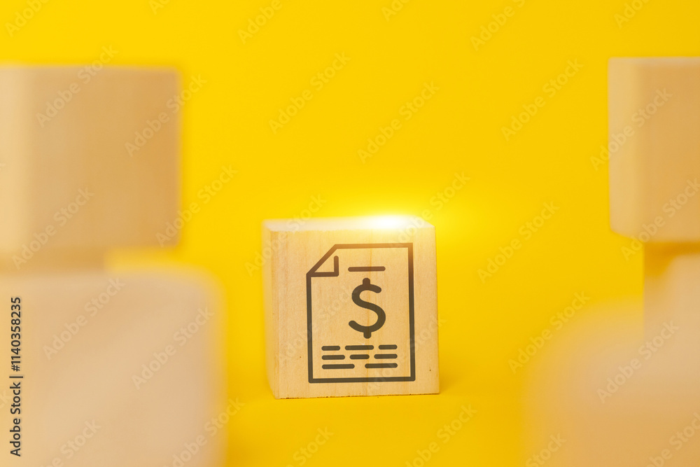 Poster a wooden block with a dollar sign on it. the block is on a yellow surface