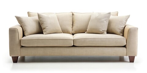 Fototapeta premium Sofa with beige cushions against plain white background