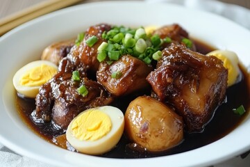 Stewed pig s feet with eggs in dark soy sauce rice wine and black vinegar Classic Chinese cuisine