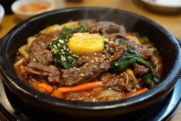 Stir fried beef and vegetables in Korean japchae