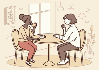 Two Friends Enjoying Coffee and Conversation in a Cozy Cafe