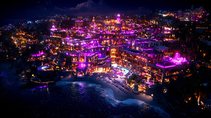 Fototapeta premium Night view of illuminated coastal town.