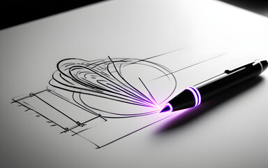 Naklejka premium A glowing digital pen, drawing illuminated icons in the air, surrounded by radiant lines