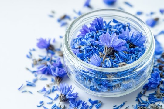 Stock photos of dried organic blue cornflower petals in a glass jar and on a white background featuring lifestyle shots and herbal tea components